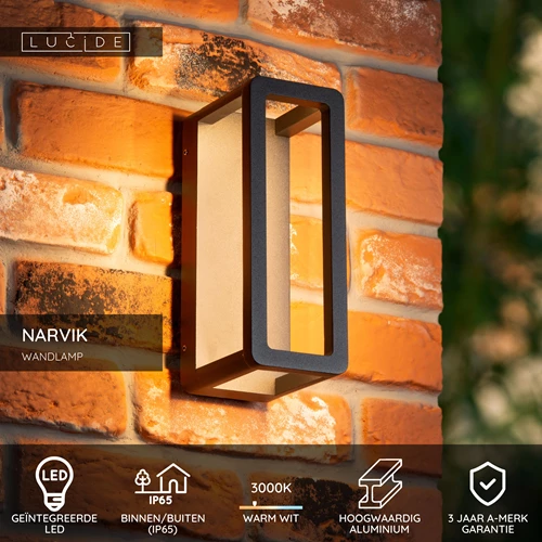 Lucide NARVIK - Wandlamp Binnen/Buiten - LED - 1x9,2W 3000K - IP65 - Zwart - USP